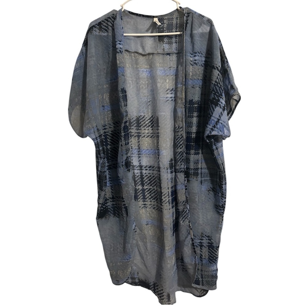 Live 4 Truth Blue Sheer Comfy Lightweight Kimono Cardigan Short Sleeve Plaid